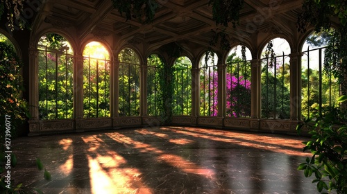 Serene indoor garden with sunlight streaming through ornate arches, vibrant greenery outside