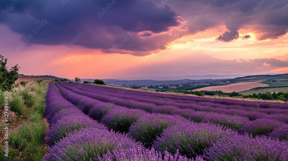 Naklejka premium Lavender field at sunset, dramatic sky, tranquil landscape