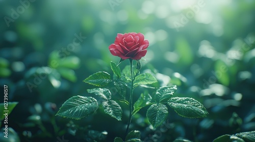 A vibrant red rose blooming amidst lush green foliage, illuminated by soft sunlight in a serene garden