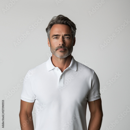 White Polo Shirt Mockup – Middle Aged Man, Studio Shot, Front View