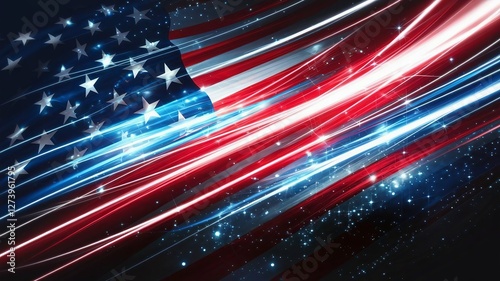 Glowing American flag background with colorful light streaks and stars