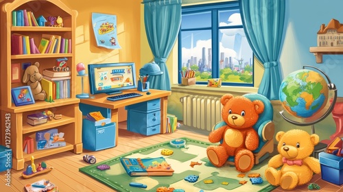 Children's room with cityscape view, study area, toys, and books. Stock photo photo