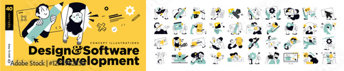 Design and software development illustrations. Concepts of website and app design and development, seo, social media, content management, creative design and innovation.