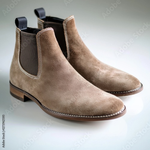 A close-up shot showcasing a stylish pair of suede Chelsea boots in a neutral tone, perfect for adding a touch of modern elegance to any outfit.