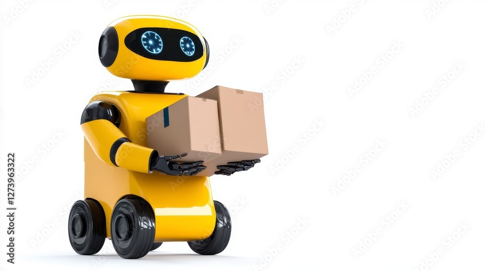 Yellow Delivery Robot Carrying Cardboard Box on White Background Cutout Style Yellow Delivery Robot Carrying Cardboard Box on White Background Cutout Style