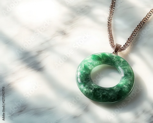 A luxurious jade necklace with a circular pendant, lying gracefully on a marble surface with subtle reflections capturing its beauty