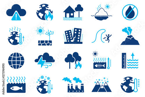 Natural disaster and climate change vector icons isolated on white.