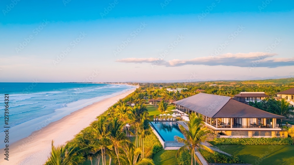 Obraz premium Aerial view of a serene beachside resort with lush palm trees and a tranquil ocean backdrop