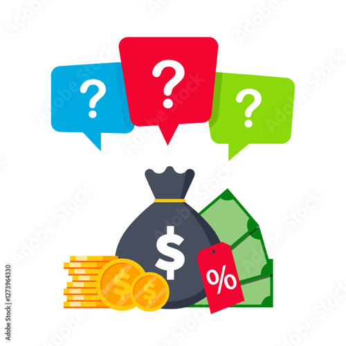 Money with percent sign and question mark - illustration for question about finance, loan and tax. Vector isolated on white.