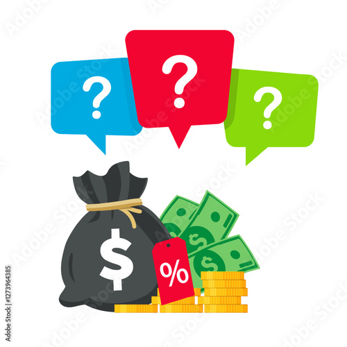Money Bag with question mark and percent sign. Vector for questions and answers about finance, loan and tax.
