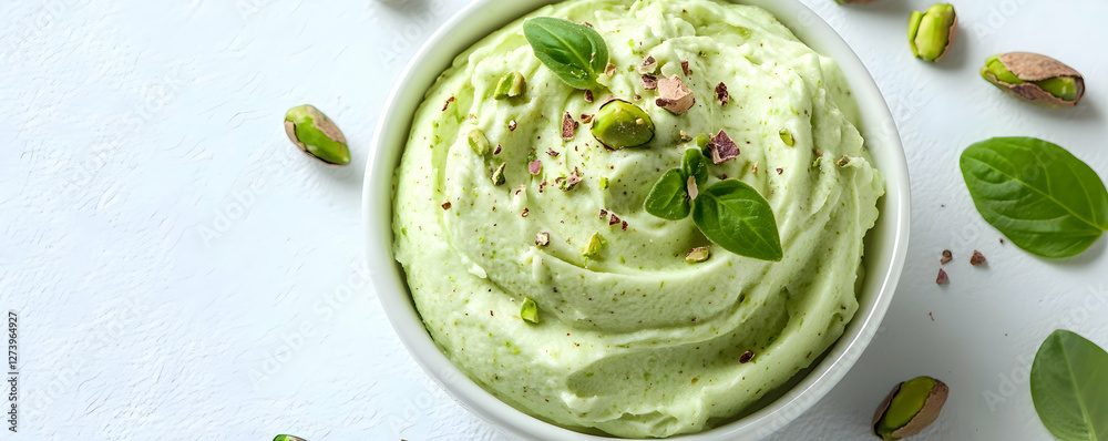 Obraz premium Pistachio dessert, basil garnish, white background