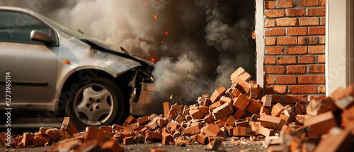 Car crashed into front wall of house, causing debris and smoke, house and car insurance concepts.