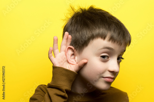 Child listening intently, hand cupped to ear, yellow background. Great for themes of listening, learning, curiosity, and childhood communication.