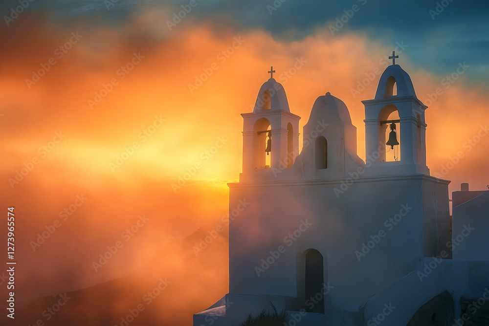 Vertical view of Santorinia??s Fira town with white bell towers and morning light Vertical view of Santorinia??s Fira town with white bell towers and morning light