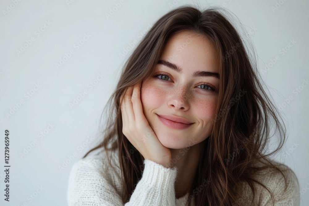 Young European woman touching her cheek and smiling at camera over white background. Cheek filler treatment, cheekbones lifting concept Young European woman touching her cheek and smiling at camera over white background. Cheek filler treatment, cheekbones lifting concept