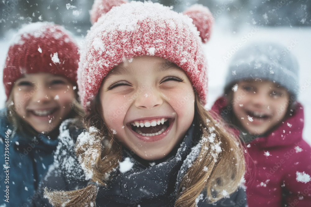 Fototapeta premium Several children are smiling at the camera in the snow