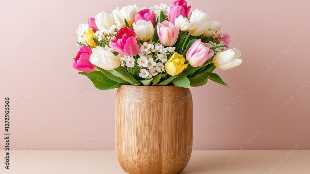 Fototapeta premium Colorful tulip bouquet arranged in a wooden vase against a soft pink background 