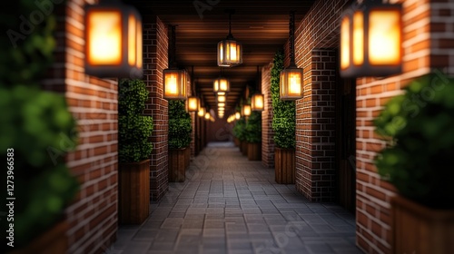 Charming brick corridor illuminated by warm lanterns, lined with lush greenery, creating a cozy atmosphere