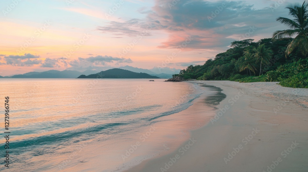 Fototapeta premium Serene Beach at Sunset with Gentle Waves and Lush Greenery