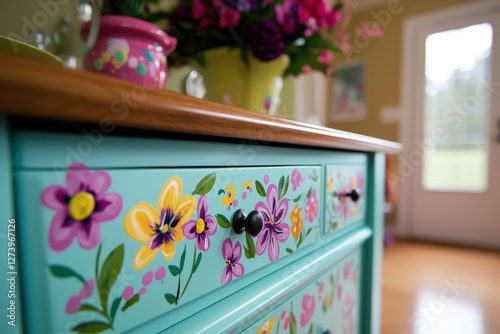 Upcycled turquoise dresser with vibrant floral design creates a cheerful and inviting atmosphere in a bright room with natural light