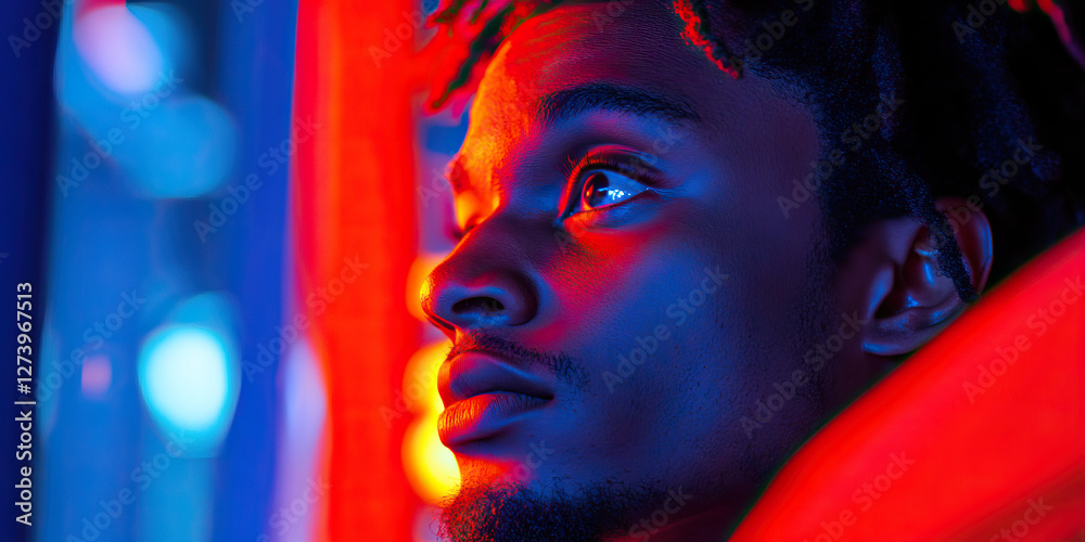 Fototapeta premium Close-up Portrait: Young Black Man Illuminated by Red and Blue Light