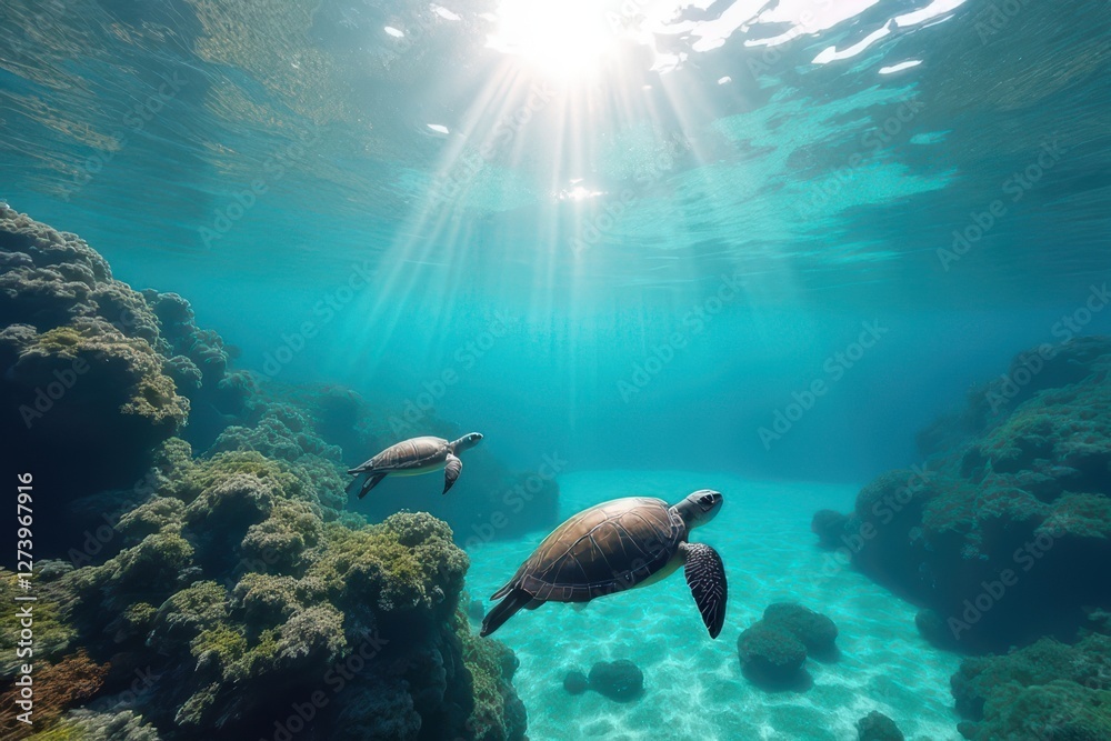 Fototapeta premium Serene Underwater Scene with Sea Turtles Swimming Through Crystal Clear Waters and Sunlight Rays