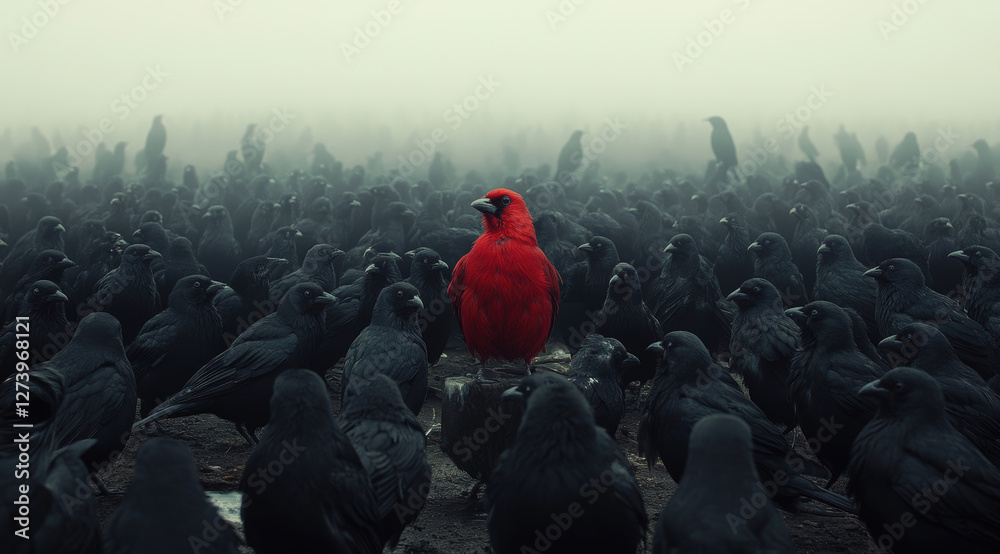 Obraz premium Artistic Representation of Contrast – A Red Bird Among Crows