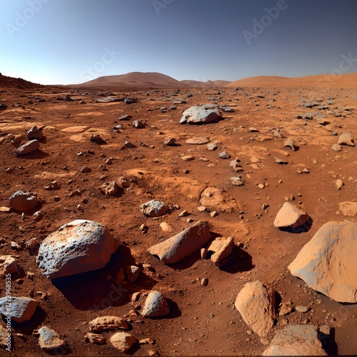 Stark Martian Landscape with Red Soil and Scattered Rocks under a Pale Blue Sky Horizon