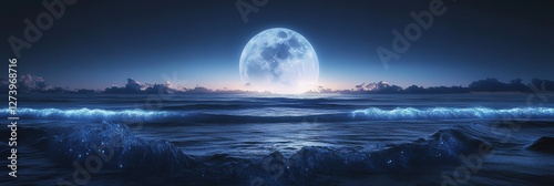 a large moon near the horizon, with bioluminescent plankton lighting up the waves, creating a stunning