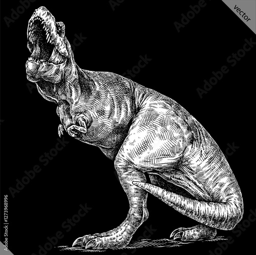 Vintage engraving isolated Tyranosaurus rex set illustration t-rex ink sketch. Dinosaur background Rex silhouette Jurassic art. Black and white hand drawn vector image