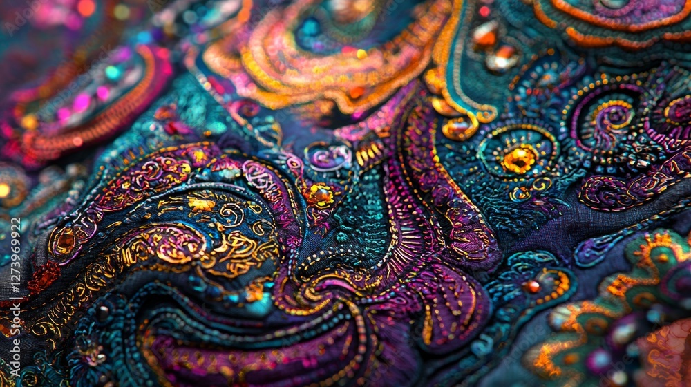 Vibrant Colorful Textile Pattern with Intricate Embroidery Details Vibrant Colorful Textile Pattern with Intricate Embroidery Details