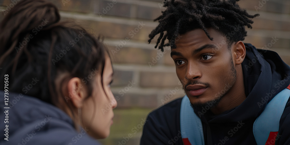 Close-up Portrait of Young Man and Woman Against Brick Wall Close-up Portrait of Young Man and Woman Against Brick Wall