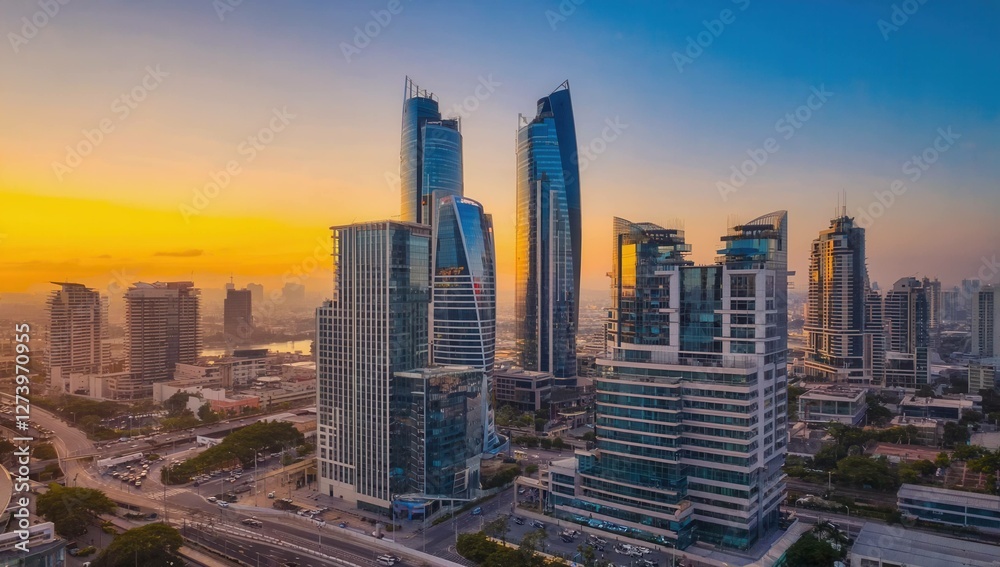 Fototapeta premium Modern city skyscrapers, sunset 