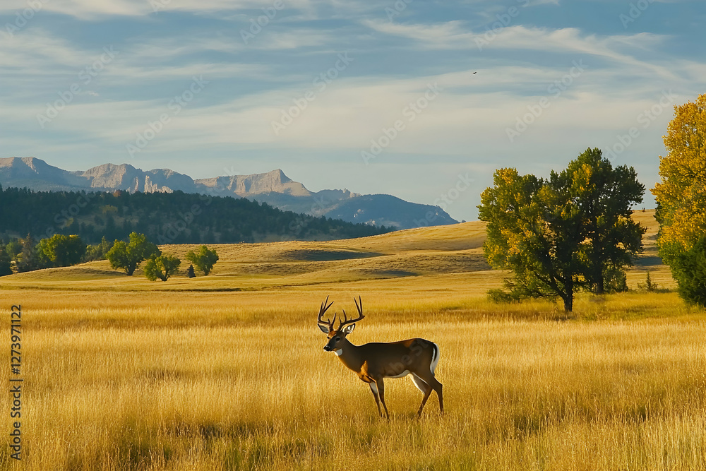 White-tailed buck grazing in a picturesque pasture, emphasizing wildlife and conservation White-tailed buck grazing in a picturesque pasture, emphasizing wildlife and conservation