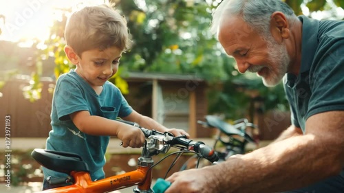 A heartwarming moment between a grandfather and his grandson as they work together to repair a bicycle. The boy attentively watches while the elderly man, smiling, shares his knowledge. 