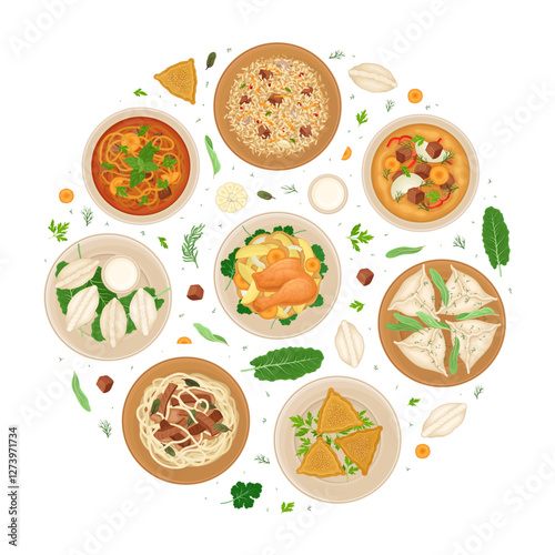 Uzbek Cuisine Dish and Meal Round Composition Vector Template