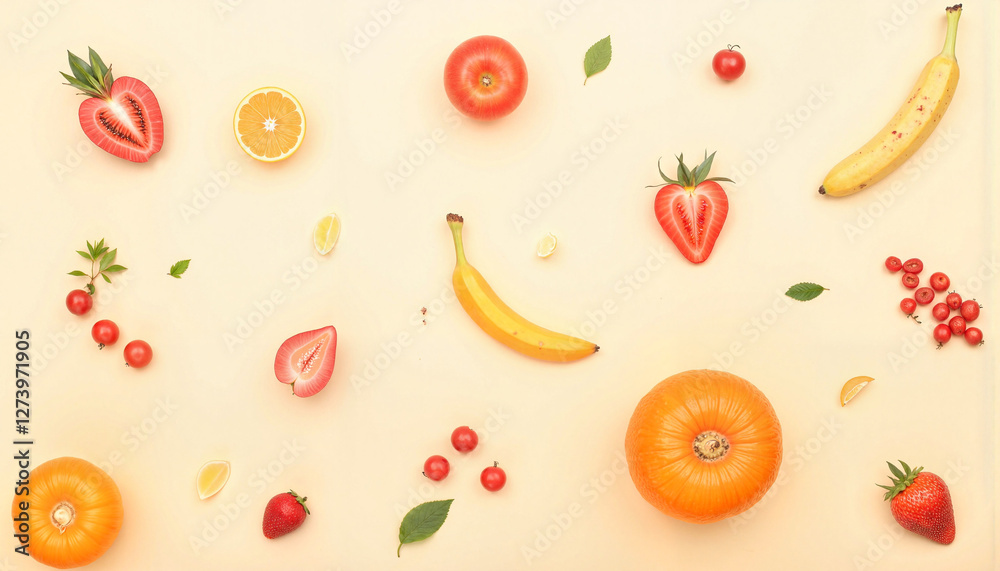 Colorful array of fruits on beige background, modern minimalism