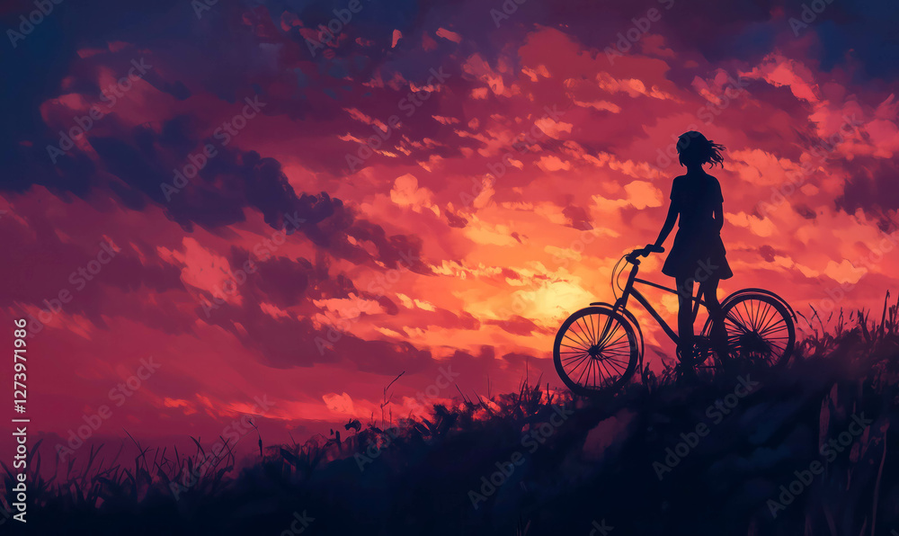 Obraz premium A silhouette of a woman with her bicycle standing on a hill during sunset. Beautiful tranquil background.