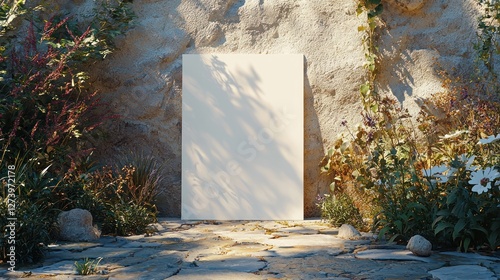 A blank canvas stands against a textured stone wall, surrounded by vibrant flowers and greenery