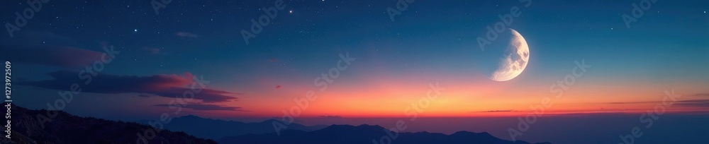 Fototapeta premium A crescent moon in the southeastern sky near the horizon, landscape, astronomy