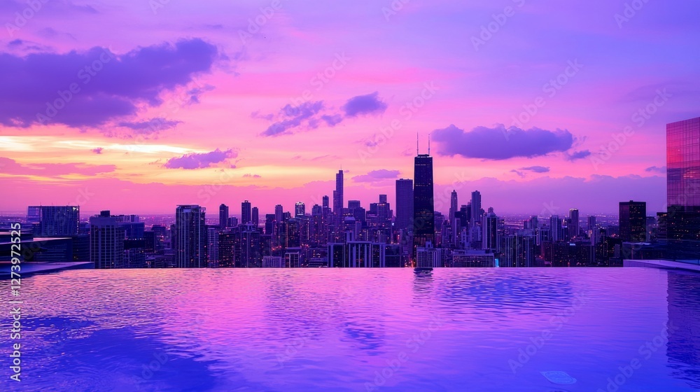 Obraz premium Stunning Sunset Over City Skyline with Colorful Reflections