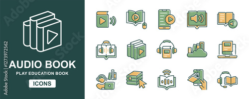 audio book icon line set education online library study listening podcast book music with earphones signs vector illustration for web and app