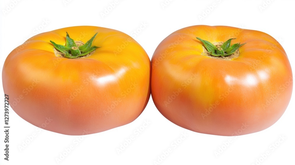 Two Ripe Tomatoes Close Up with Orange Tinted Skin and Green Stem on White Background Two Ripe Tomatoes Close Up with Orange Tinted Skin and Green Stem on White Background