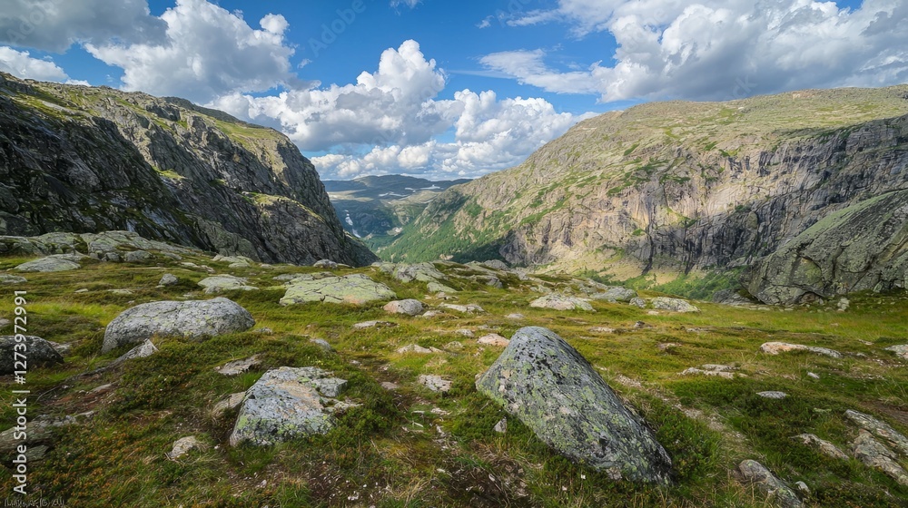 Serene Mountain Landscape with Lush Greenery and Dramatic Clouds Serene Mountain Landscape with Lush Greenery and Dramatic Clouds