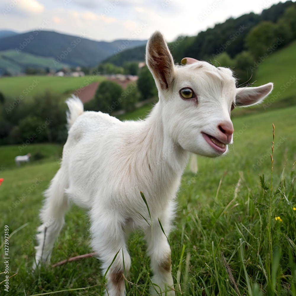 Adorable Baby Goat Playing in Lush Green Grass, Surrounded by Nature’s Beauty Adorable Baby Goat Playing in Lush Green Grass, Surrounded by Nature’s Beauty