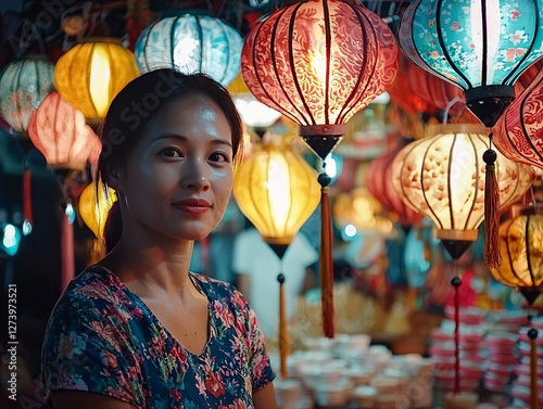 Woman surrounded by colorful illuminated lanterns, evoking a festive ambiance. photo
