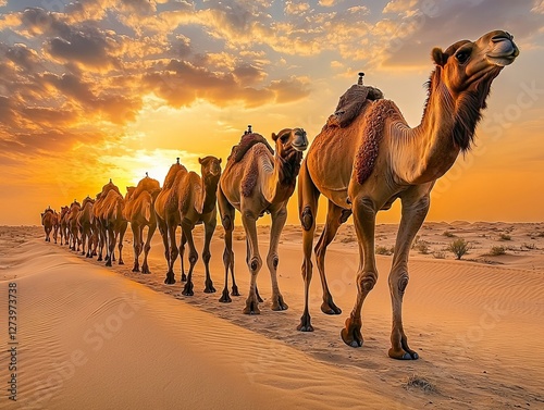 Camel train in desert landscape at sunset. Wildlife, nature, and adventure in travel. photo