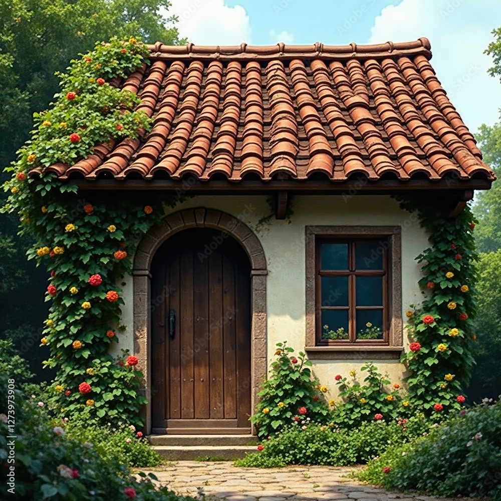 Ancient wooden tile roof with vines and flowers, vine covered roof, foliage Ancient wooden tile roof with vines and flowers, vine covered roof, foliage