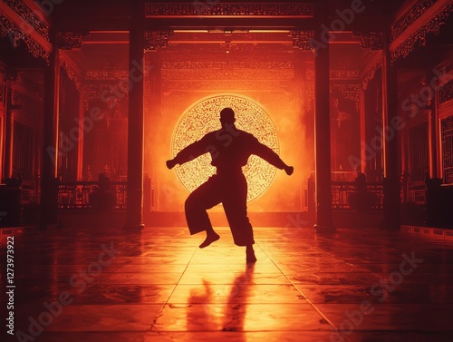 Martial arts performer in silhouette training. Red background with architectural details. photo