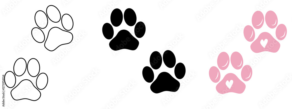 Fototapeta premium Set of paw print icons in different styles, including outline, solid black, and pink with a heart shape. Perfect for pet-related designs, veterinary clinics, animal shelters, logos, and decorative ele